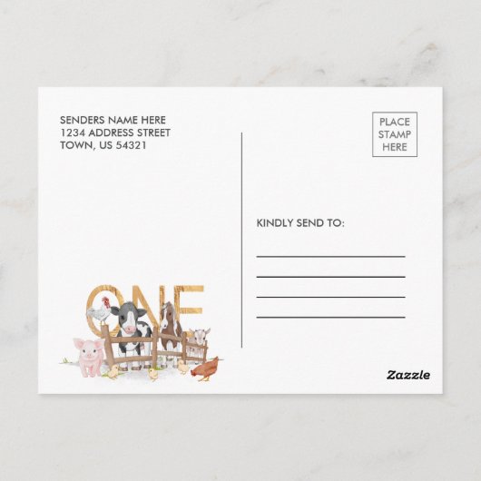 Boerderij 1e Verjaardag Barnyard Fotouitnodiging Briefkaart (Achterkant)