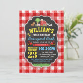 Boerderij 1e verjaardag Uitnodiging rode trekkers (Staand voorkant)