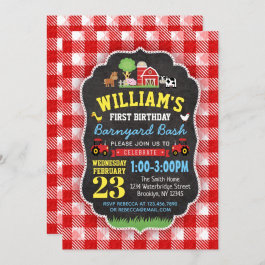 Boerderij 1e verjaardag Uitnodiging rode trekkers (Voorkant / Achterkant)