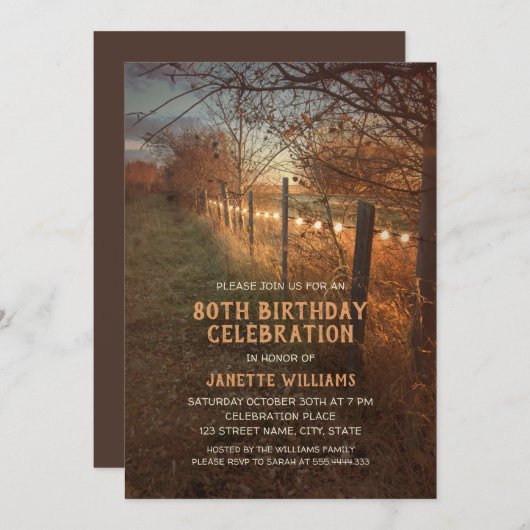 Boerderij 80e verjaardag Uitnodigingen Rustic Land (Voorkant / Achterkant)