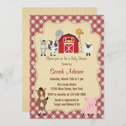 Boerderij Animal Baby shower Invitation Rustic Kaart (Voorkant / Achterkant)