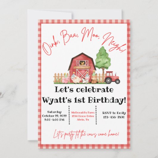 Boerderij Animal Barnyard Bash Birthday Invitation Kaart (Voorkant)