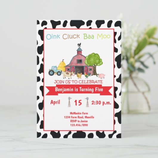 Boerderij Animal Barnyard Birthday Invitation Kind Kaart (Staand voorkant)