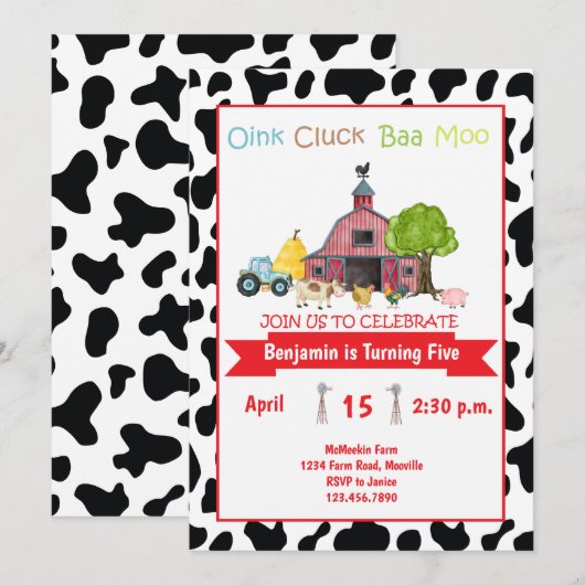 Boerderij Animal Barnyard Birthday Invitation Kind Kaart (Voorkant / Achterkant)