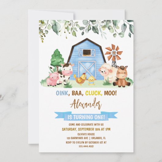 Boerderij Animal Barnyard Boy Eerste Verjaardag Kaart (Voorkant)