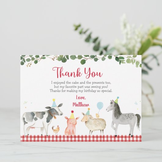 Boerderij Animal Barnyard Greenery Birthday Dank u Kaart (Staand voorkant)