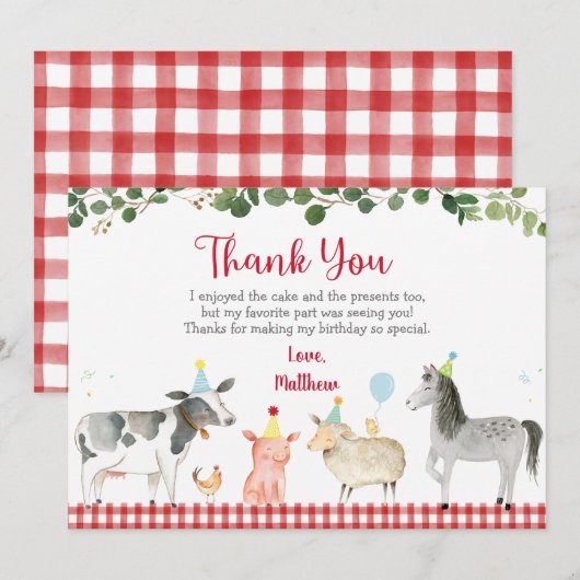 Boerderij Animal Barnyard Greenery Birthday Dank u Kaart (Voorkant / Achterkant)