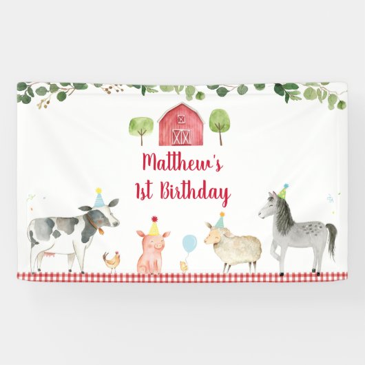 Boerderij Animal Barnyard Greenery Birthday Spandoek (Horizontaal)
