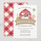 Boerderij Animal Birthday Party Red Check Boy of G Kaart (Voorkant / Achterkant)