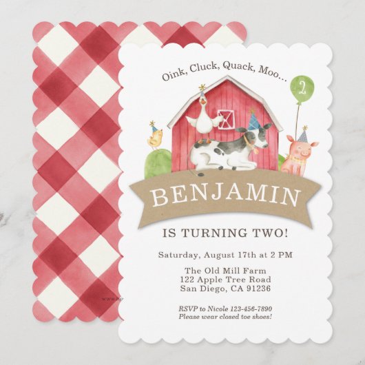 Boerderij Animal Birthday Party Red Check Boy of G Kaart (Voorkant / Achterkant)