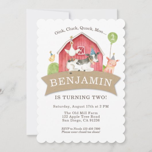 Boerderij Animal Birthday Party Red Check Boy of G Kaart (Voorkant)