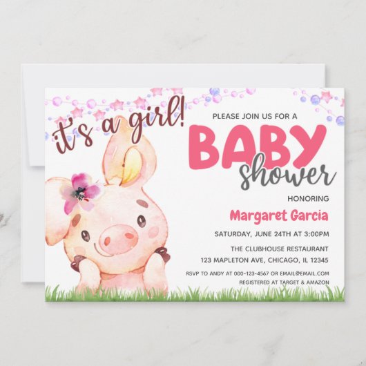 Boerderij Animal Piggy Baby Girl Baby shower Kaart (Voorkant)