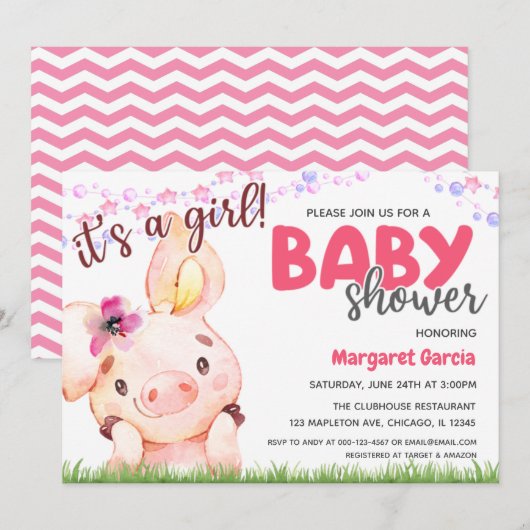 Boerderij Animal Piggy Baby Girl Baby shower Kaart (Voorkant / Achterkant)