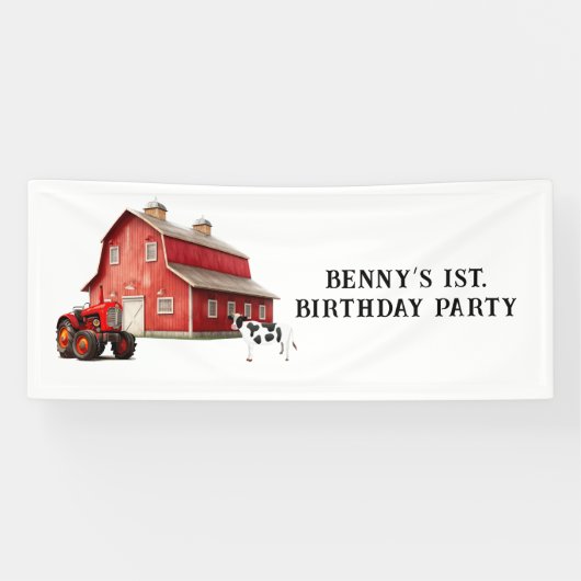 Boerderij Animal Red Barn Tractor 1st. verjaardags Spandoek (Horizontaal)