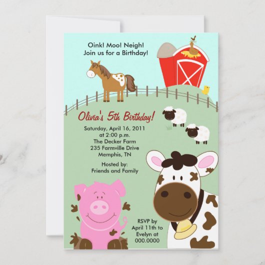 Boerderij Babies Barnyard 5x7 Birthday Invitation Kaart (Voorkant)