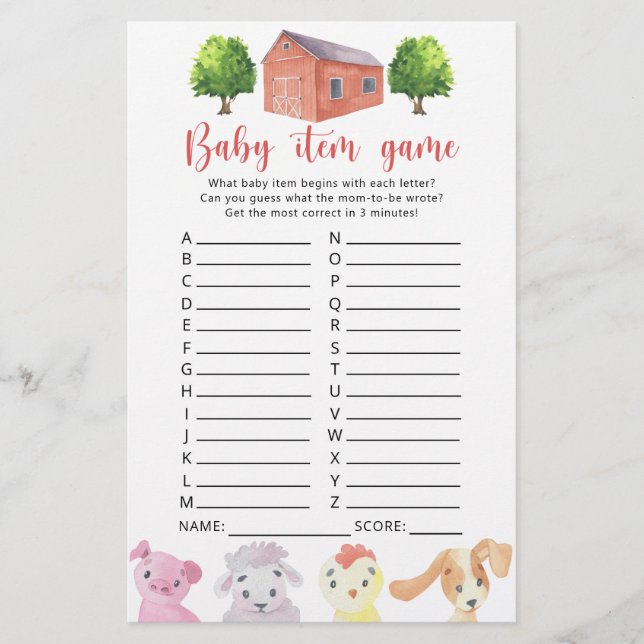 Boerderij - Baby item spel. Baby shower spel (Voorkant)