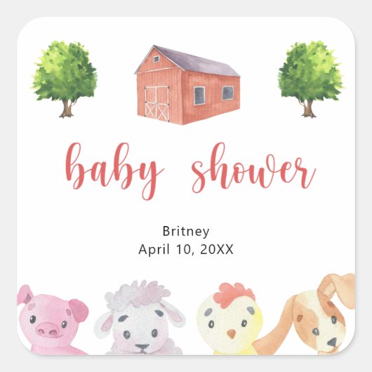 BOERDERIJ BABY SHOWER - BABY SHOWER VIERKANTE STICKER (Voorkant)