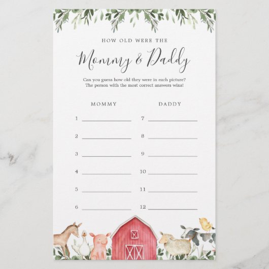 Boerderij Baby shower Hoe oud waren ze spel Kaart (Voorkant)