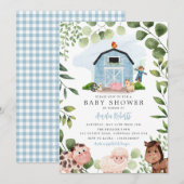 Boerderij Baby shower-uitnodiging, Blauwe Barn Inv Kaart (Voorkant / Achterkant)
