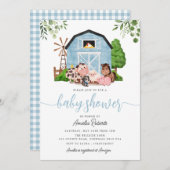 Boerderij Baby shower-uitnodiging, Blauwe Barn Inv Kaart (Voorkant / Achterkant)