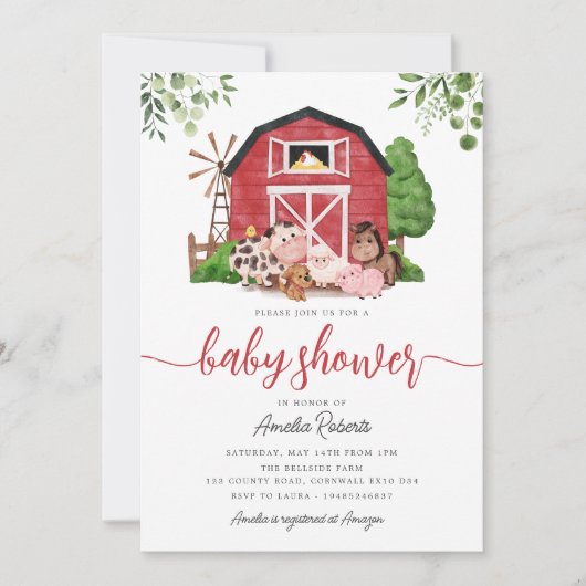 Boerderij Baby shower uitnodiging, Red Barn Invite Kaart (Voorkant)