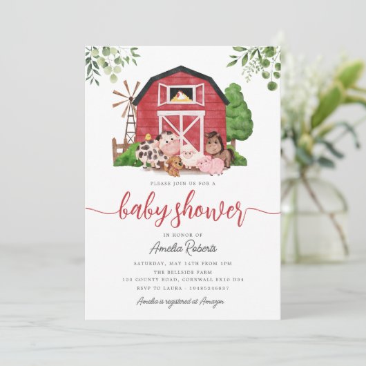 Boerderij Baby shower uitnodiging, Red Barn Invite Kaart (Staand voorkant)