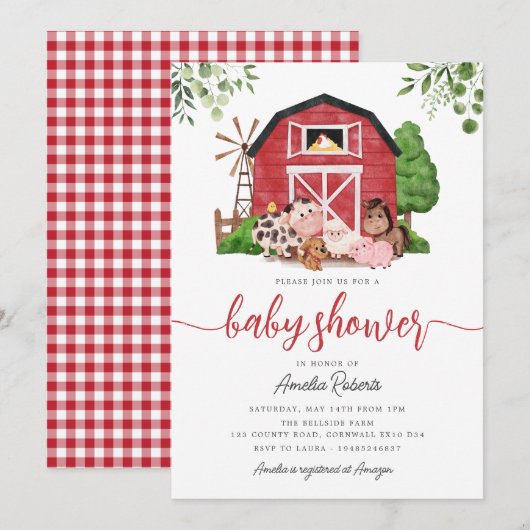 Boerderij Baby shower uitnodiging, Red Barn Invite Kaart (Voorkant / Achterkant)