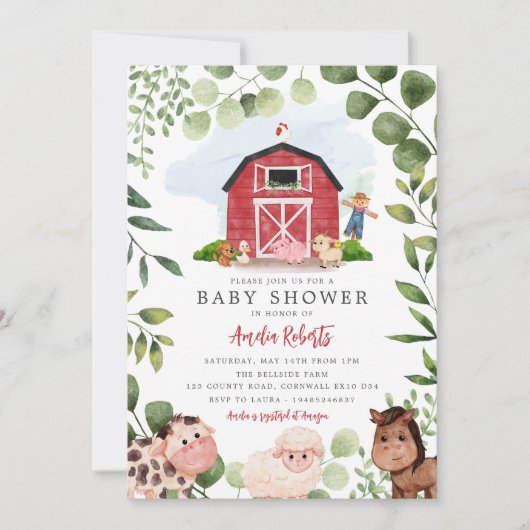 Boerderij Baby shower uitnodiging, Red Barn Invite Kaart (Voorkant)