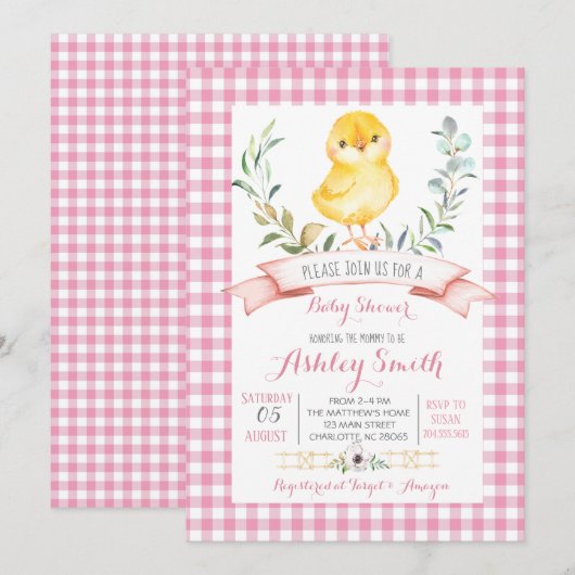 boerderij baby shower uitnodiging roze (Voorkant / Achterkant)