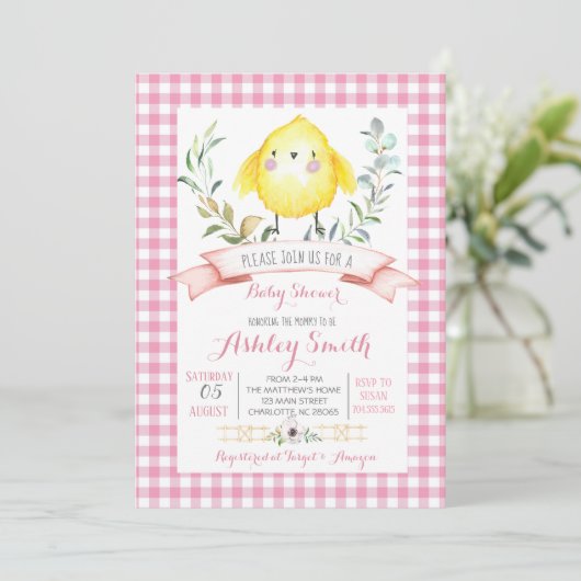 boerderij baby shower uitnodiging roze (Staand voorkant)