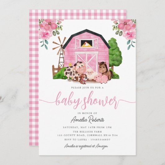 Boerderij Baby shower uitnodiging, roze Barn Invit Kaart (Voorkant / Achterkant)