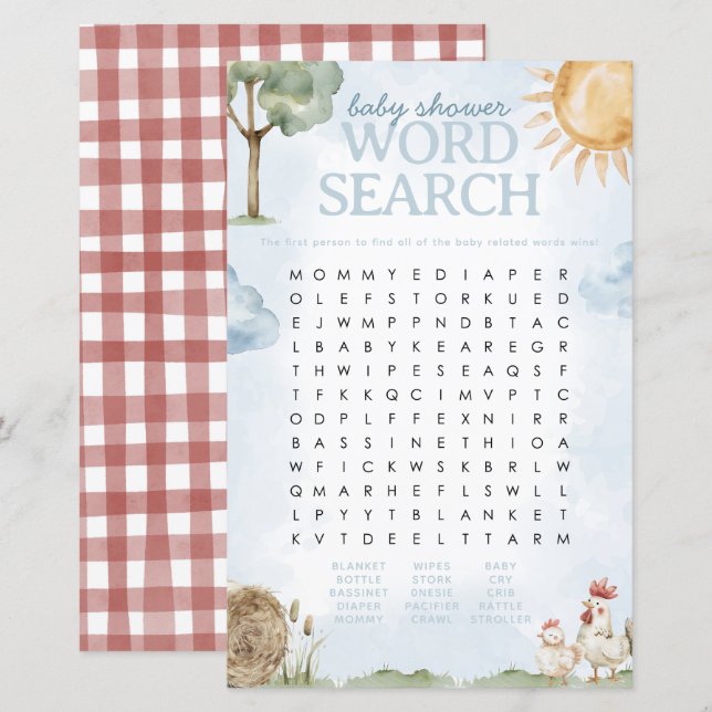 Boerderij Baby shower Word Search spel (Voorkant / Achterkant)