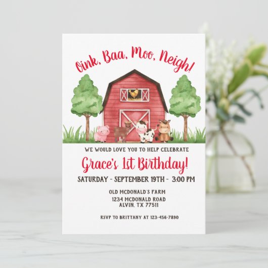 Boerderij Barnyard 1st Birthday Invitation Kaart (Staand voorkant)