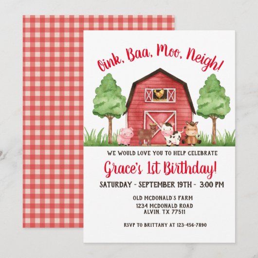 Boerderij Barnyard 1st Birthday Invitation Kaart (Voorkant / Achterkant)