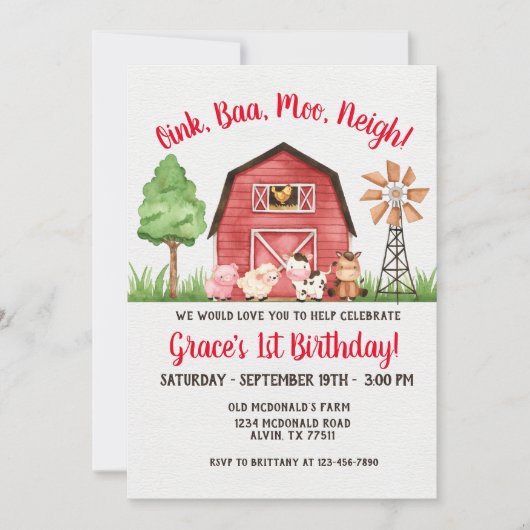 Boerderij Barnyard 1st Birthday Invitation Kaart (Voorkant)