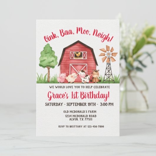 Boerderij Barnyard 1st Birthday Invitation Kaart (Staand voorkant)