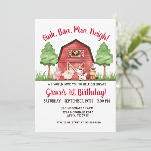 Boerderij Barnyard 1st Birthday Invitation Kaart (Staand voorkant)