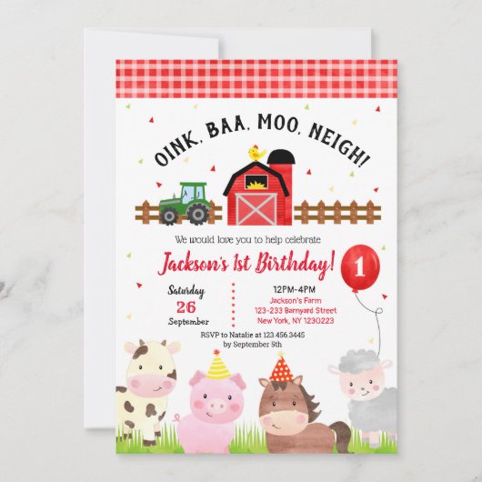 Boerderij Barnyard 1st Birthday Party Invitations Kaart (Voorkant)