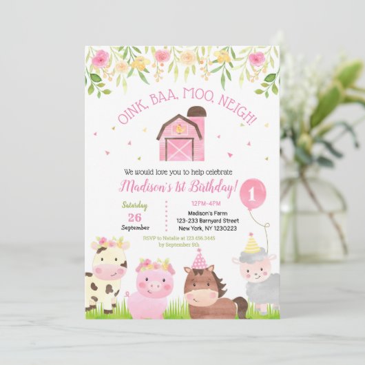 Boerderij Barnyard 1st Birthday Party Invitations  Kaart (Staand voorkant)