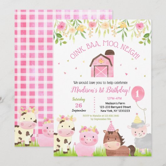 Boerderij Barnyard 1st Birthday Party Invitations Kaart (Voorkant / Achterkant)