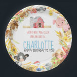 Boerderij Barnyard Animal Birthday Papieren Bordje<br><div class="desc">Op het Boerderij Collectie Baa,  Moo,  Cluck en Oink voor Happy Birthday!! Gepersonaliseerd met naam Kenmerkt alle Barnyard vrienden Koe,  Horse,  Sheep,  The boerderij dog,  Rooster,  Koe,  en kleine kuikens</div>