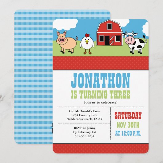 Boerderij Barnyard Birthday Party Invitation Kaart (Voorkant / Achterkant)