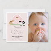 Boerderij Barnyard Roze Meisje Foto 1e Verjaardag Kaart (Voorkant)