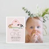 Boerderij Barnyard Roze Meisje Foto 1e Verjaardag Kaart (Staand voorkant)