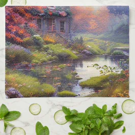 Boerderij/beek/bossen/schilderen Theedoek (Gevouwen)