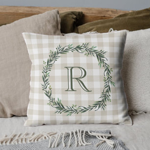 Boerderij Beige Buffalo Plaid Krans Initiaal Kussen