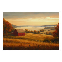 Boerderij bij zonsopgang met glooiende heuvels perfect poster