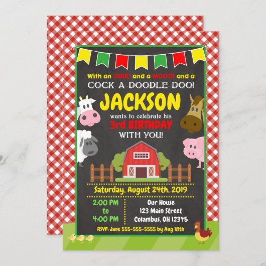 Boerderij Birthday Invitation / Barnyard Party Kaart (Voorkant / Achterkant)