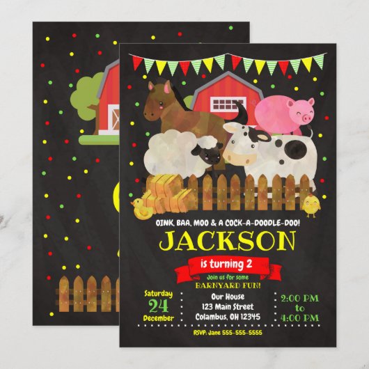 Boerderij Birthday Invitation / Barnyard Party Kaart (Voorkant / Achterkant)