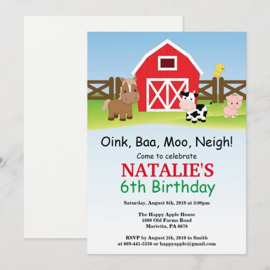 Boerderij Birthday Invitation Barnyard Party Kaart (Voorkant / Achterkant)